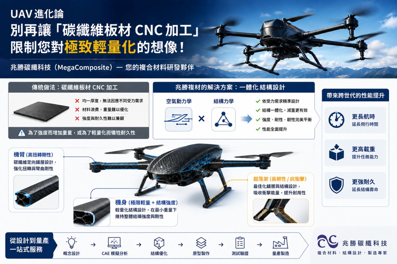 無人機碳纖維結構輕量化與板材CNC、一體化成型設計比較示意